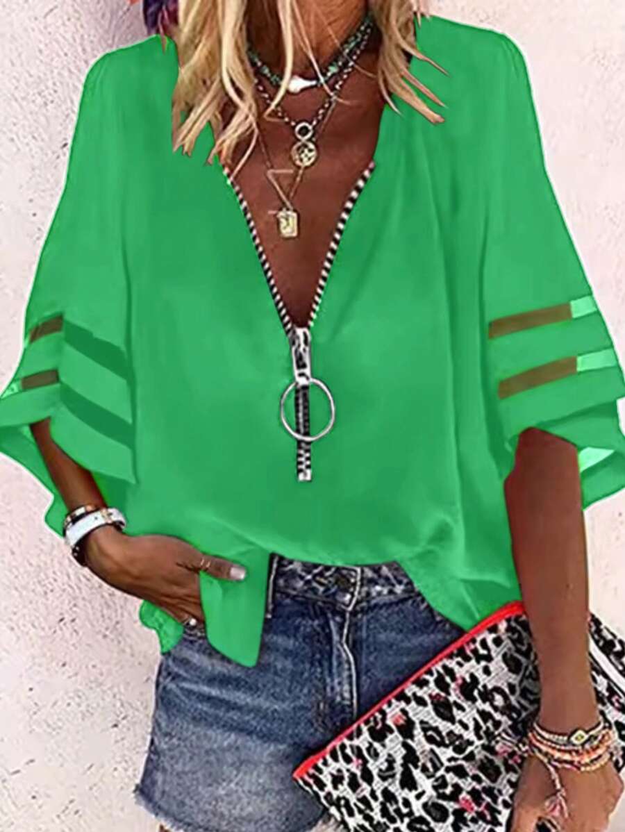 INAWLY Blusa holgada de mujer de talla grande con cierre y malla de contraste de moda casual