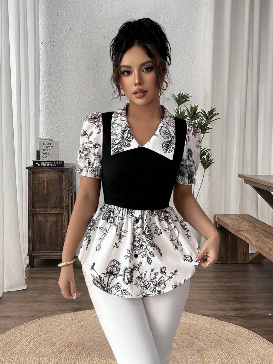 Selianne 女士春夏精致优雅拼色拼接方领褶皱腰印花短袖衬衫，适合休闲日常生活、旅行、海滩、音乐节、通勤 - 彩色 - 查看 1