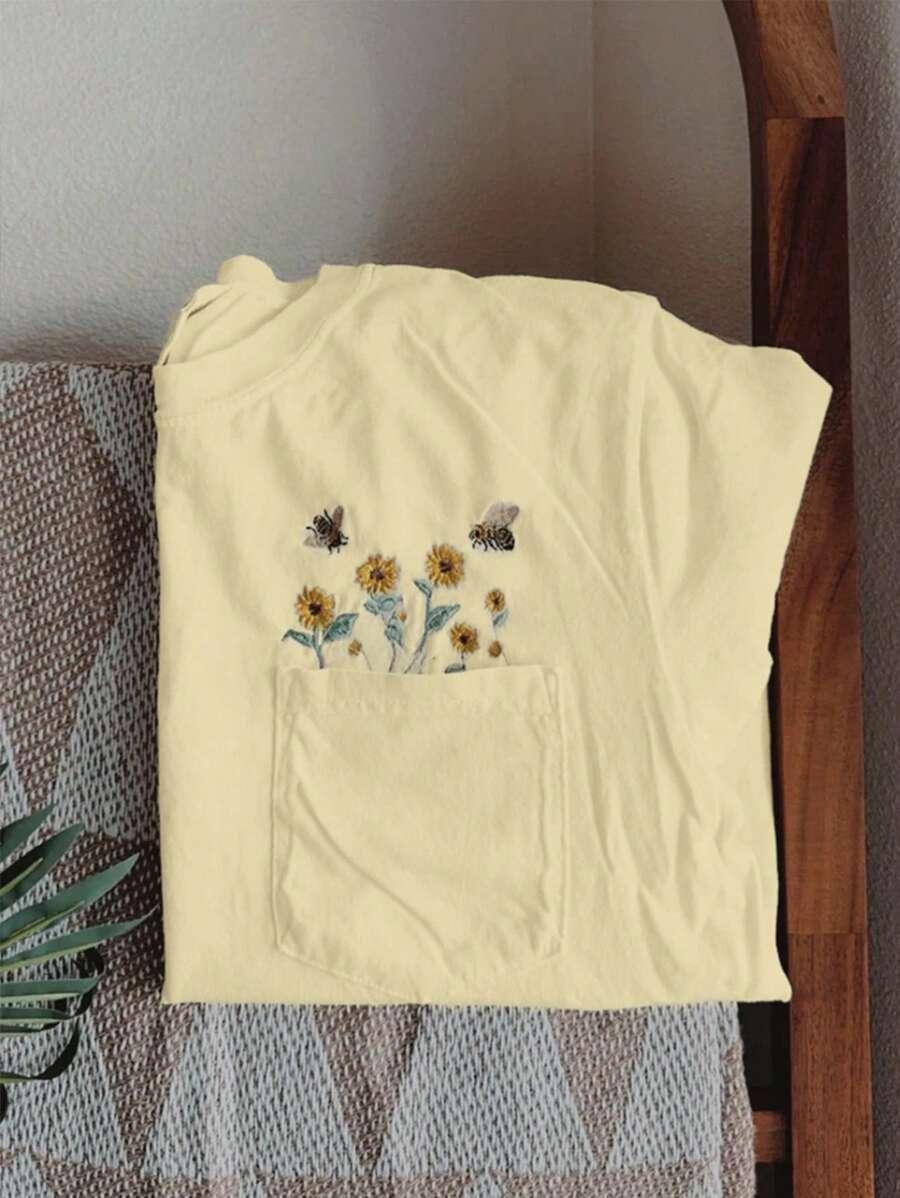 Embroidered Bee And Sunflower T-Shirt For Summer