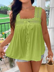 Lyrianda 大码女式单排扣前系带撞色蕾丝衬衫 - 綠色 - 查看 6