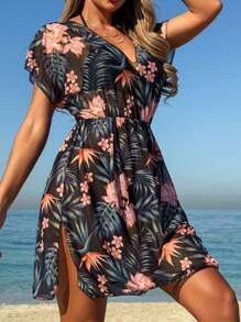 Swim Lushoire Women's Tropical Plant Print V-Neck Batwing Sleeve Kaftan Cover Up Dress, Vacation For Summer - Orange - View 3