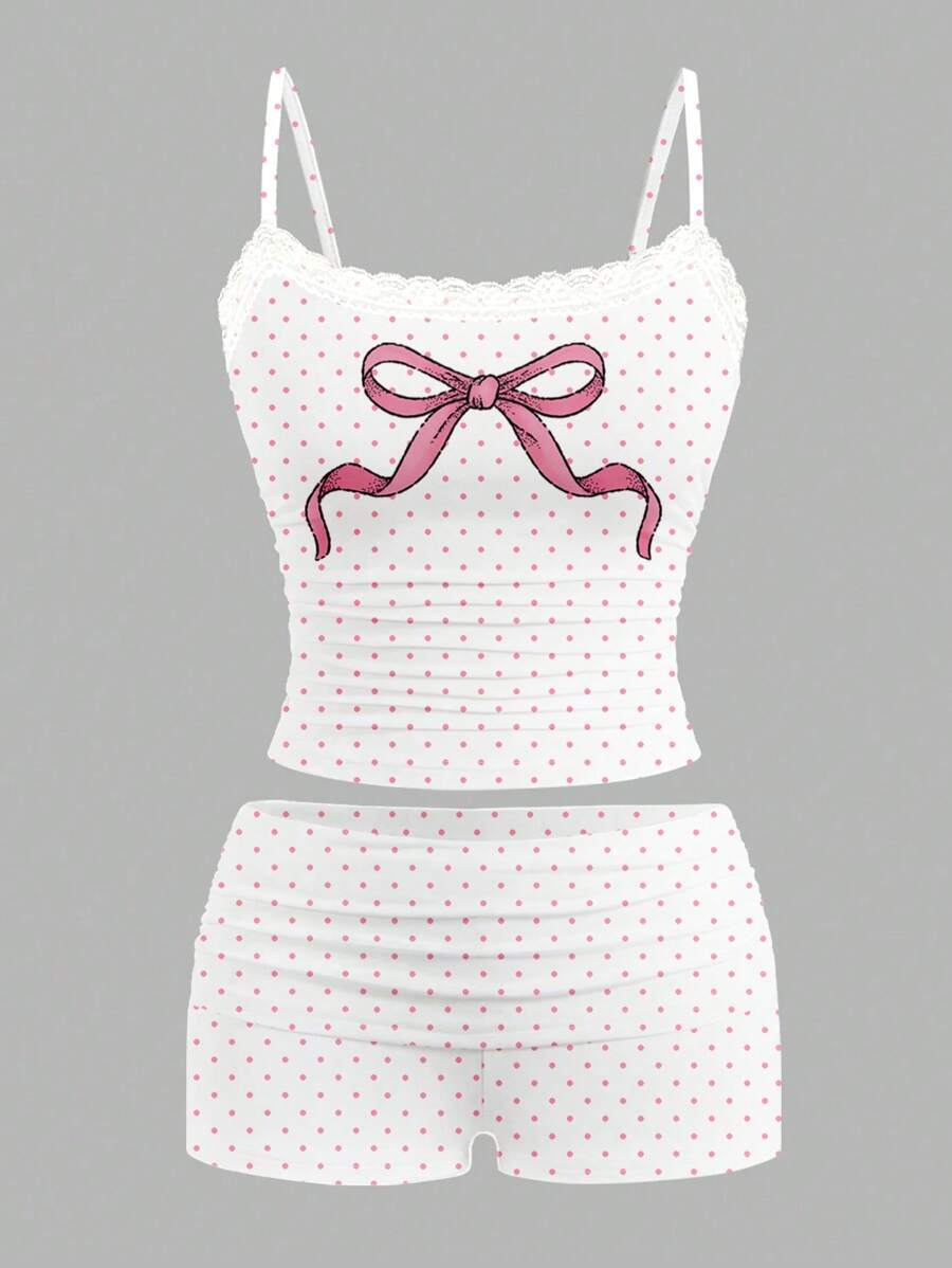 DOMINATE Y2k Women's Summer Sexy Lace Polka Dot & Bow Print Knit Camisole And Shorts 2 Pieces Set - Pink - View 1