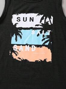 SHEIN Tween Boy Casual Vacation Style Palm Tree Pattern Sleeveless Loose Knit Tank Top, Suitable For Beach, Sports, Vacation, School - Black - View 4