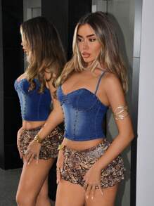 SHEIN ICON 女式牛仔背带上衣，夏季时尚 - 中等水洗藍 - 查看 5