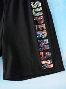 SUPERMAN X SHEIN Tween Boy Cartoon Graphic Black Casual Drop Shoulder Short Sleeve T-Shirt And Loose Shorts Sports Set - Multicolor - View 5