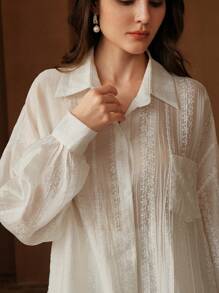 Anewsta 女式超大杏色长袖印花衬衫 - 杏色 - 查看 2