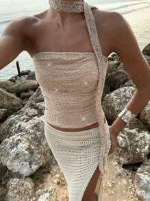 Opulessa Women's Apricot Halter Neck Sleeveless Lace Top With Ruched Detailing For Party Nights