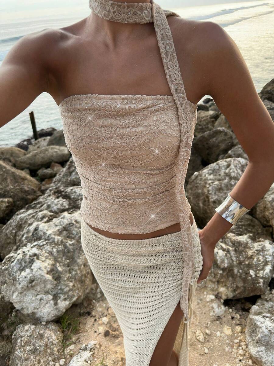 Opulessa Women's Apricot Halter Neck Sleeveless Lace Top With Ruched Detailing For Party Nights