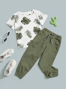 SHEIN 2pcs/Set Young Boy Vacation Casual Floral Print T-Shirt & Solid Color Pants Set