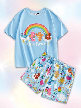 SHEIN X Care Bears Damen Sommer süßer Bären Muster T-Shirt und Shorts Pyjama Set