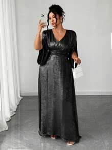 Elenzga 大码女式畅销 V 领开衩腰 A 字型金箔印花全新高品质修身正式晚礼服，优雅高端派对商务鸡尾酒露肩长裙 - 黑色 - 查看 1