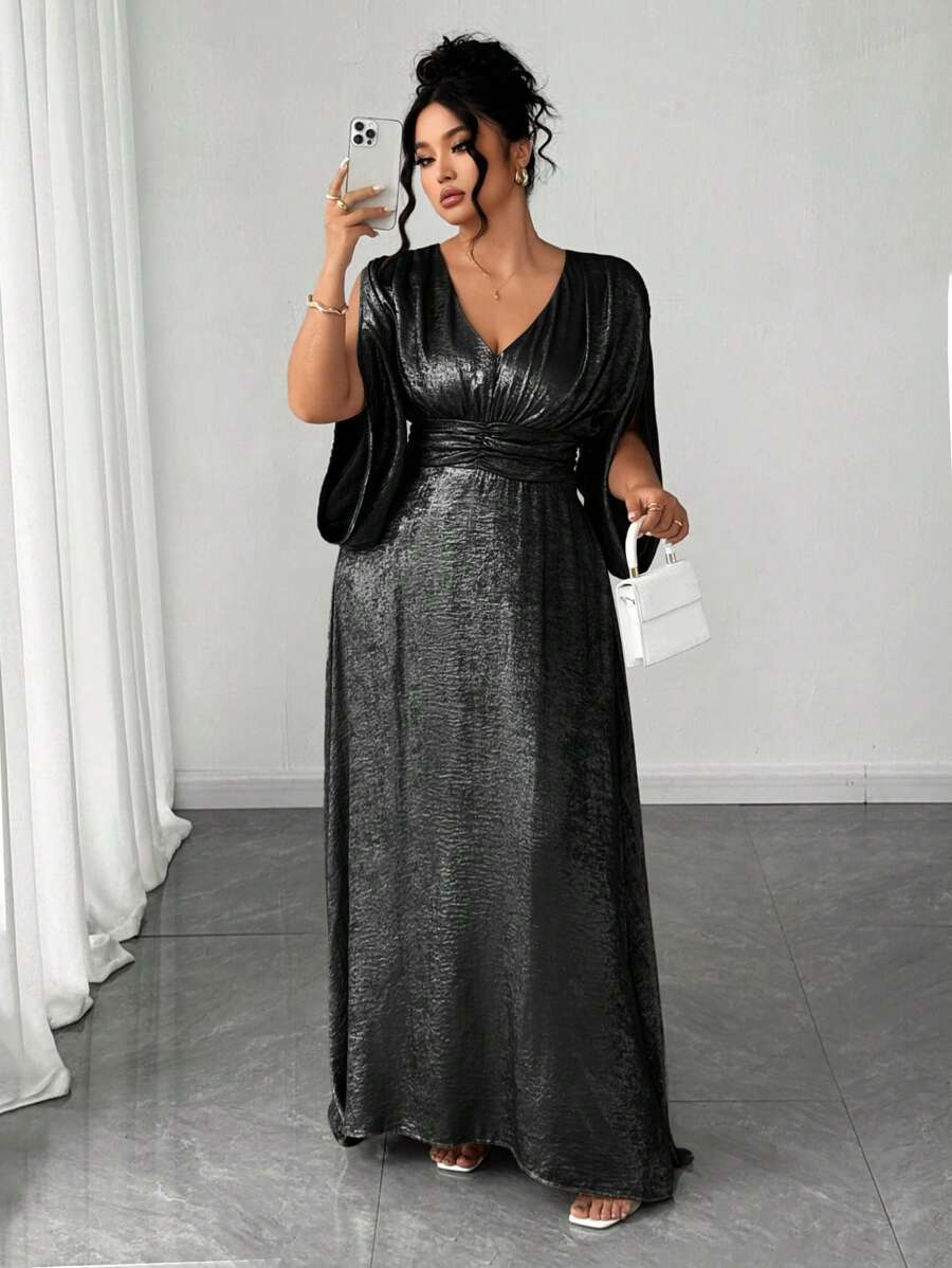 Elenzga 大码女式畅销 V 领开衩腰 A 字型金箔印花全新高品质修身正式晚礼服，优雅高端派对商务鸡尾酒露肩长裙 - 黑色 - 查看 1