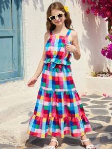 SHEIN Set de 2 piezas, Top corto con volantes de cuadros de colores y falda a juego decorada con lazo para vacaciones de niñas