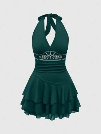 Hippie Vestido sin mangas con bordado de tótem solar y dobladillo multicapa, estilo hippie, para mujer de talla grande