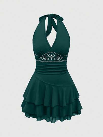 Hippie Abito senza maniche con ricamo totem solare, con orlo a più strati, stile hippy, per taglie comode