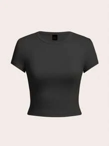 SHEIN Tall CURVE 加大码四件套纯色短款圆领短袖修身女式T恤上衣，适合夏季情人节穿着 - 彩色 - 查看 5