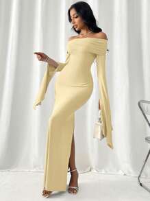 Firerie Spring/Summer Off Shoulder Long Sleeve Bodycon Dress With Side Slit - Apricot - View 6