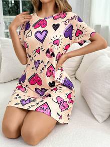 Snug Zone Camisón de cuello redondo de manga corta con estampado de corazón y letras - Multicolor - Ver 4