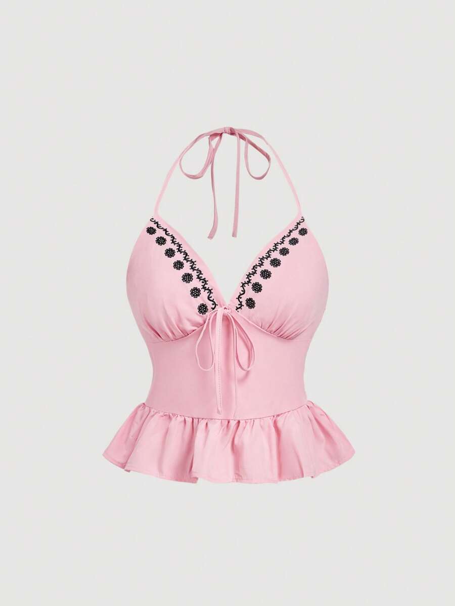 SHEIN MOD Áo ba lỗ thêu dây mảnh màu trơn cho nữ - Hồng - Xem 1