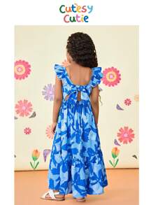 Vestido informal de gasa con estampado floral diminuto y volantes en el bajo para niñas jóvenes