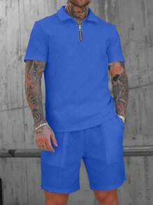 Manfinity Homme Men's Fashionable 3D Textured Casual Polo Set - Blue - View 7