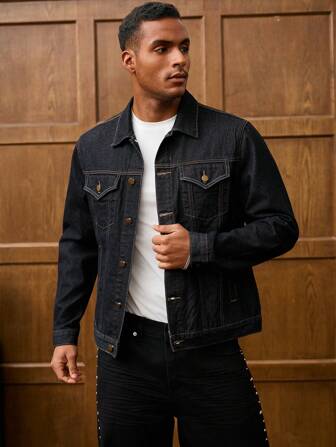 RivetRise Chaqueta vaquera de manga larga y abotonadura sencilla, casual y versátil para hombres