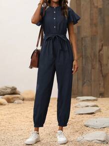 Chiquease Women's Summer Solid Color Single-Breasted Round Neck Ruffle Short Sleeve Casual Jumpsuit