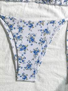 Sweetra 女士夏季海滩花卉印花吊带性感比基尼泳装套装，随机印花 - 藍白色 - 查看 4