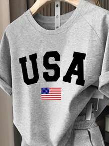 INAWLY 2件套女士返校季城市名称标语印花时尚休闲套装 - 淺灰色 - 查看 3