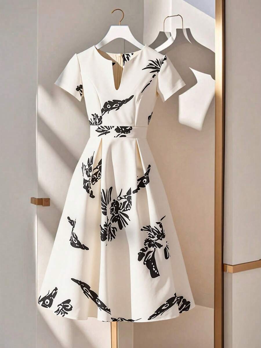 Franclia Abito elegante da donna con colletto dentellato, maniche corte, lunghezza al polpaccio, tinta unita, adatto per il lavoro e lo spostamento - Albicocca - Visualizzare 1