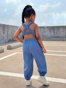 Criss-Cross Backless Jumpsuit With Bow Decor, Street Fashion Casual Outfit For Young Girls