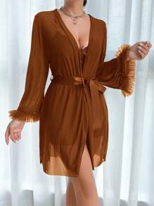 SHEIN 2pcs Set Fishbone Line Lace Cami Nightgown & Wide Sleeve Tulle Robe Loungewear - Rust Brown - View 6