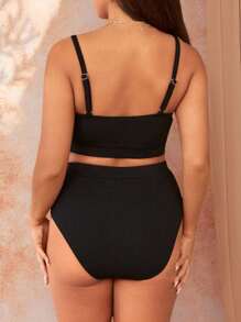 Swim Vcay Summer Beach Plus Size Solid High Waisted Bikini Set