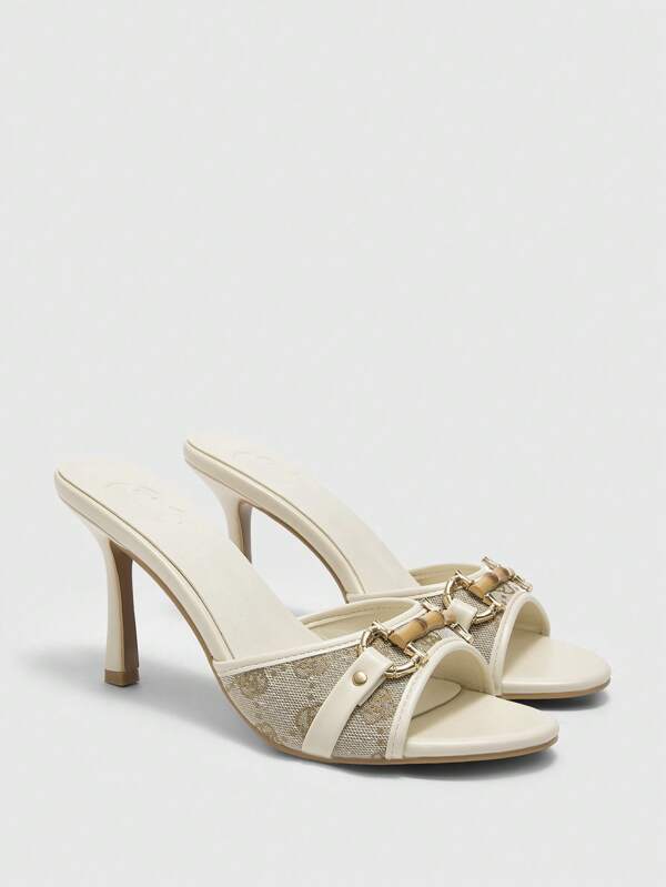 CUCCOO BIZCHIC Damen Beige PU gemischt mit gold Schnalle Dekor Retro Mode 8,8CM hoher Absatz Spitz Zeh Mule High Heel Sandalen