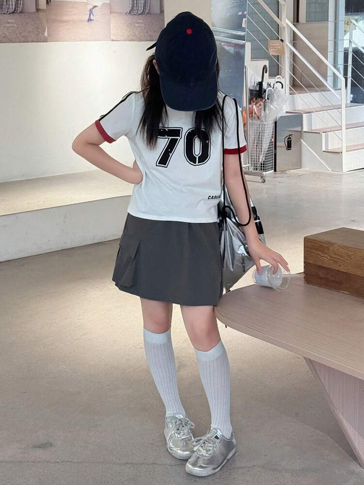 Girls Crew Neck Printed Short Sleeve T-Shirt + Skirt Fashion 2pcs Outfit Sets, Summer,Back To School Clothes