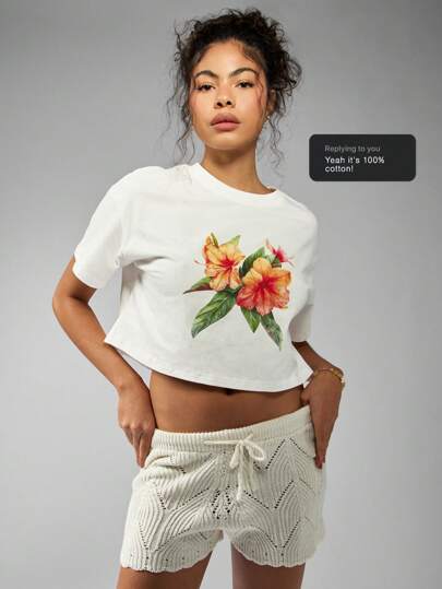 MISSGUIDED Tropical Hibiscus Print Crop T-Shirt Summer Beach Vacation Resort Wear Hawaiian Floral Cotton Casual Short Sleeve Tee Festival Top