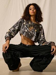 SHEIN EZwear Casual Camouflage Print Scoop Neck Cropped Sweatshirt Graduation,Back To School Outfits,Graduation,Teacher Outfits For Women,Back To School In Fall/Winter