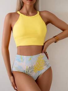 SHEIN Swim 女式夏季海滩热带植物印花吊带比基尼泳装套装 - 黃色 - 查看 5