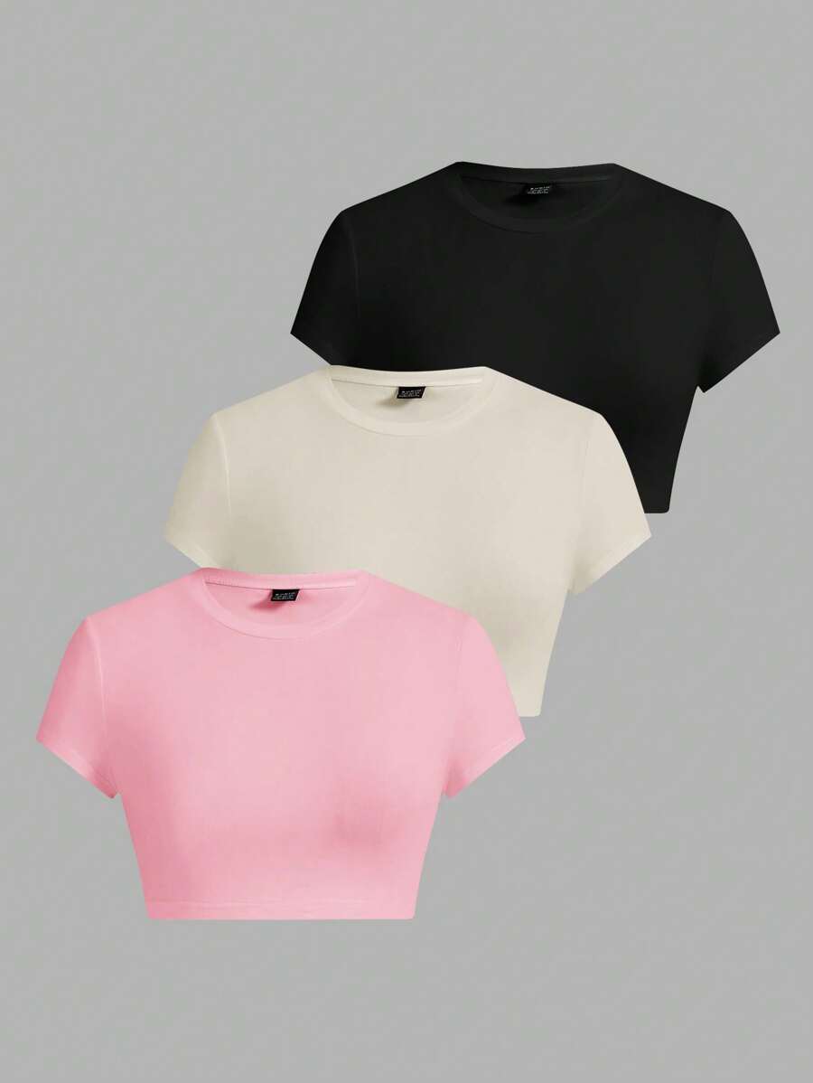 SHEIN EZwear 3-teiliges Set Damen Lässig Minimalist Schwarz, Apricot, Rosa Kurzarm T-Shirt passend für den Sommer - Verschiedenfarbig - Übersicht 1