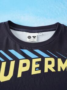 SUPERMAN X SHEIN 青少年男孩卡通超级英雄黑色宽松短袖 T 恤和蓝色休闲短裤套装 - 黑色 - 查看 6