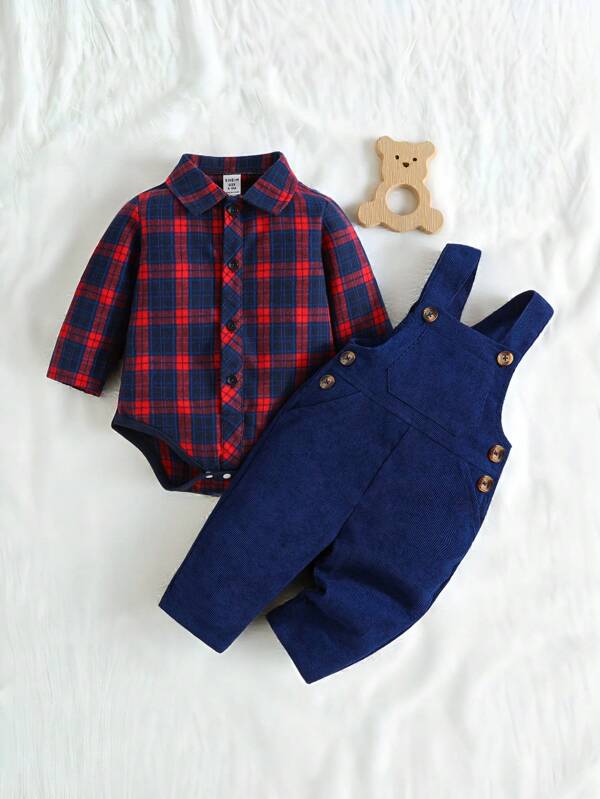SHEIN Vintaside Kids Conjunto de peto a cuadros, body y mono para bebé niño para el otoño/invierno, apto para Navidad