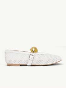 CUCCOO CHICEST 女士夏季新款几何金属扣镂空圆头平底优雅休闲时尚前卫舒适白色网眼女士平底凉鞋、玛丽珍鞋、芭蕾平底鞋，适合下午茶、约会、派对、度假、海滩、夏威夷