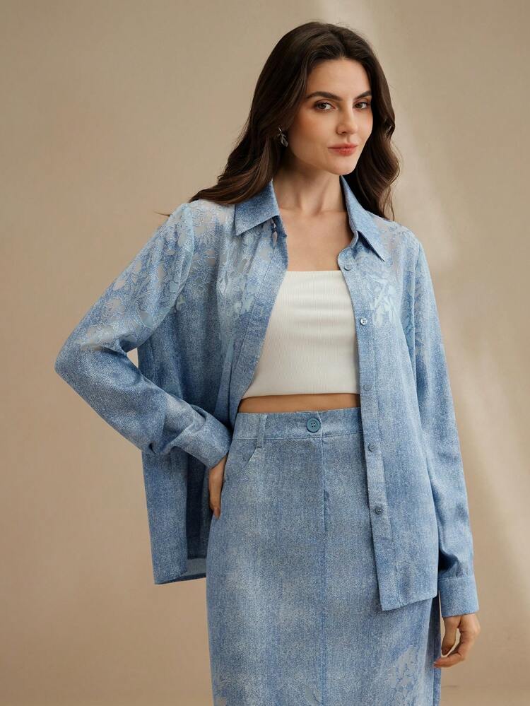Casual Blue Woven Button-Up Shirt For Women Long Sleeve Semi-Sheer Floral Design And Regular Fit