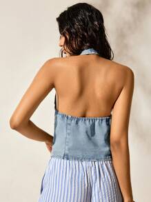 Easelle 女士休闲度假无袖蓝色牛仔系带露背上衣，夏季 - 藍色 - 查看 4