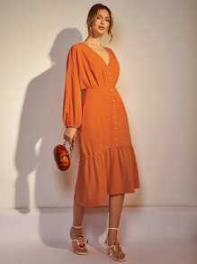 COSMINA Robe midi élégante monocolor à manches chauve-souris pour navetteurs pour femmes - Orange - Voir 1
