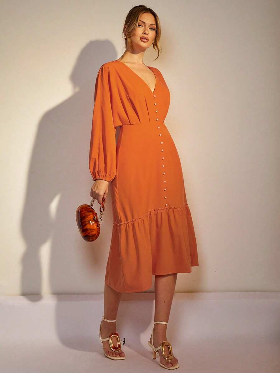 COSMINA Robe midi élégante monocolor à manches chauve-souris pour navetteurs pour femmes - Orange - Voir 1