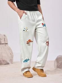 The Smurfs X SHEIN 男士卡通图案口袋休闲时尚裤 - 杏色 - 查看 4