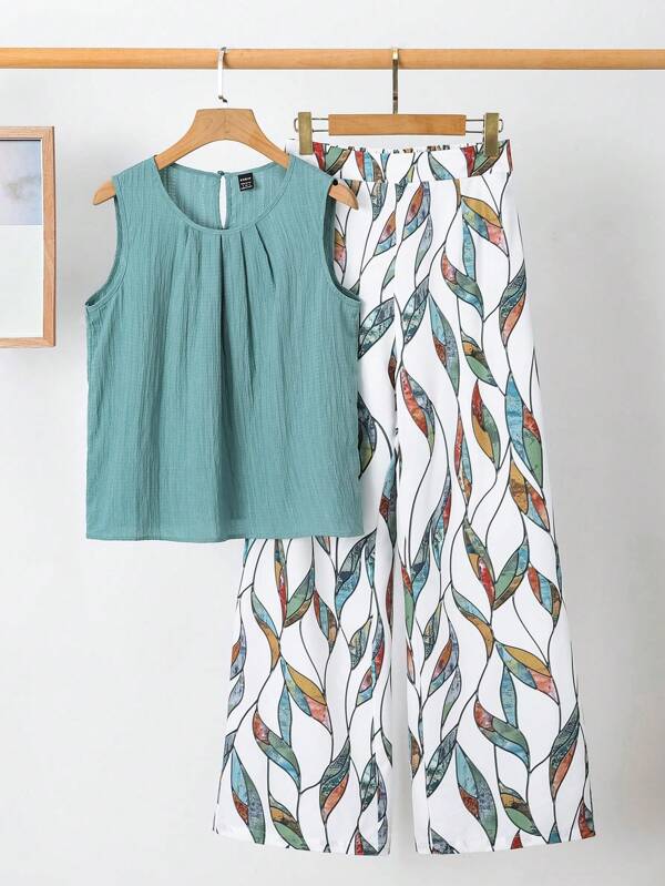 SHEIN Clasi Mono de pierna ancha con estampado floral, de cuello redondo y sin mangas, talla grande