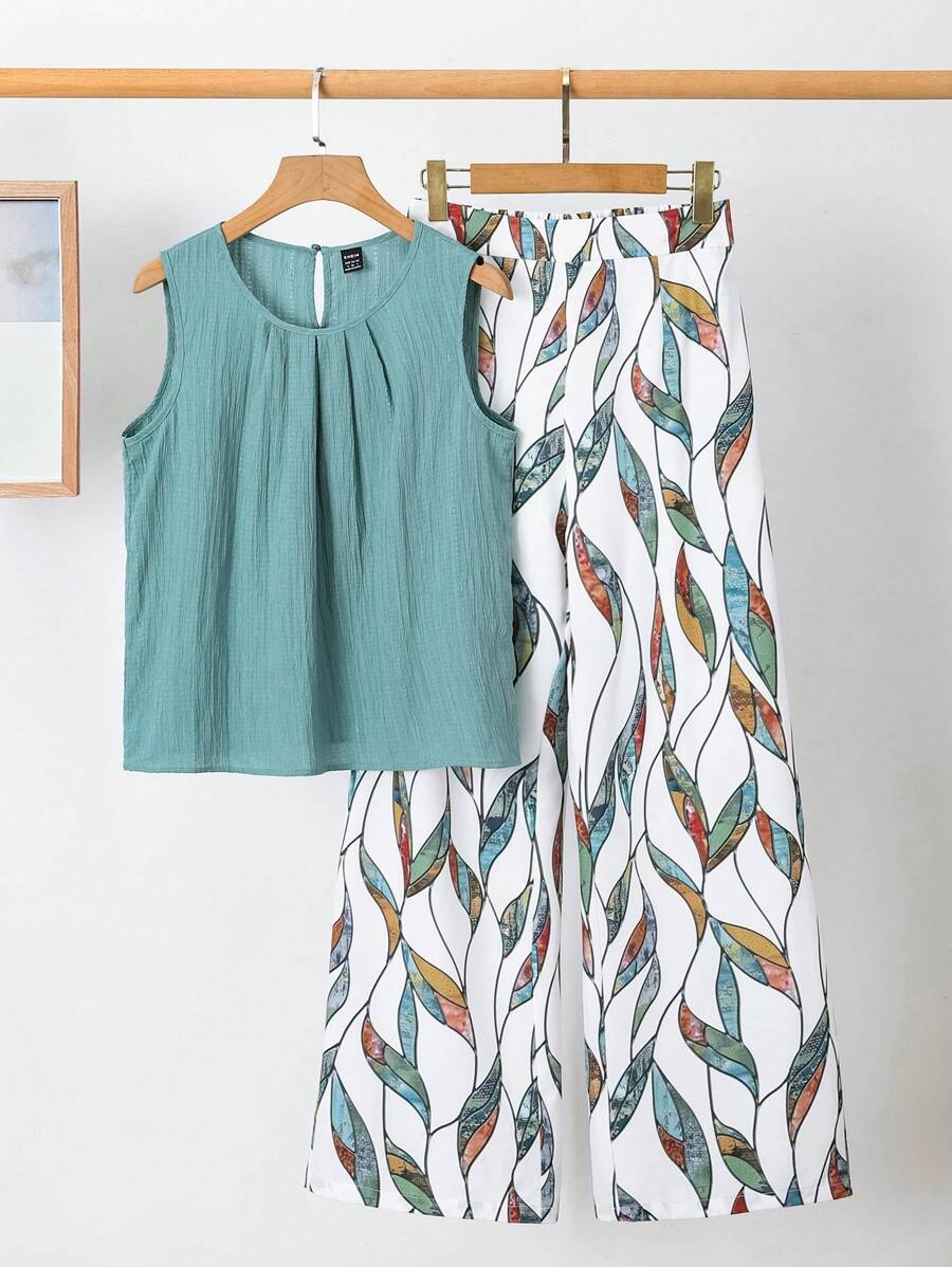 SHEIN Clasi 优雅女士纯色纹理褶皱上衣和花朵阔腿裤套装 - 彩色 - 查看 1