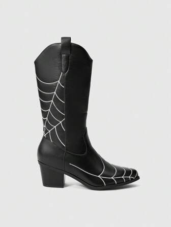 Goth Botas de tacón grueso de media pantorrilla con punta puntiaguda y bordado de telaraña gótico, estilo punk oscuro para uso diario, campus y calle, Halloween